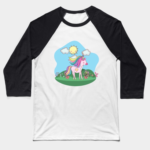 Cute Little Unicorn With Heart Standing In a Field On a Sunny Day Baseball T-Shirt by Vegan Squad